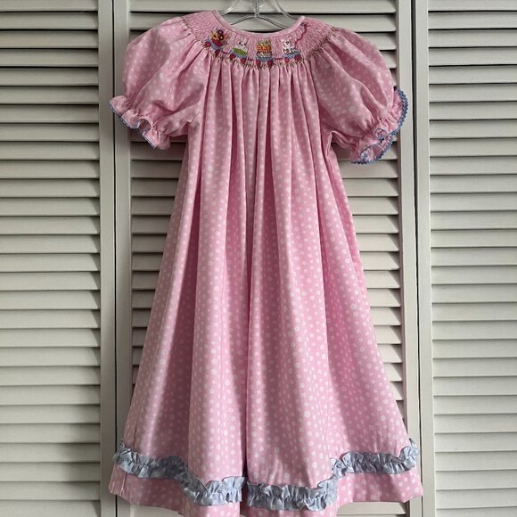 Vive La Fete smocked dress bunnies pink & white polka dot girl’s size 4T - Picture 1 of 8